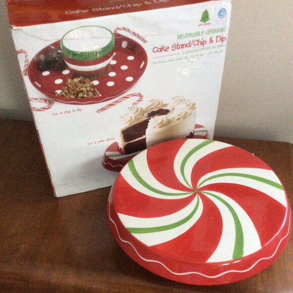Red Peppermint Swirl Footed Cake Stand Plate Pedestal Chip & Dip Bowl - Picture 2 of 6